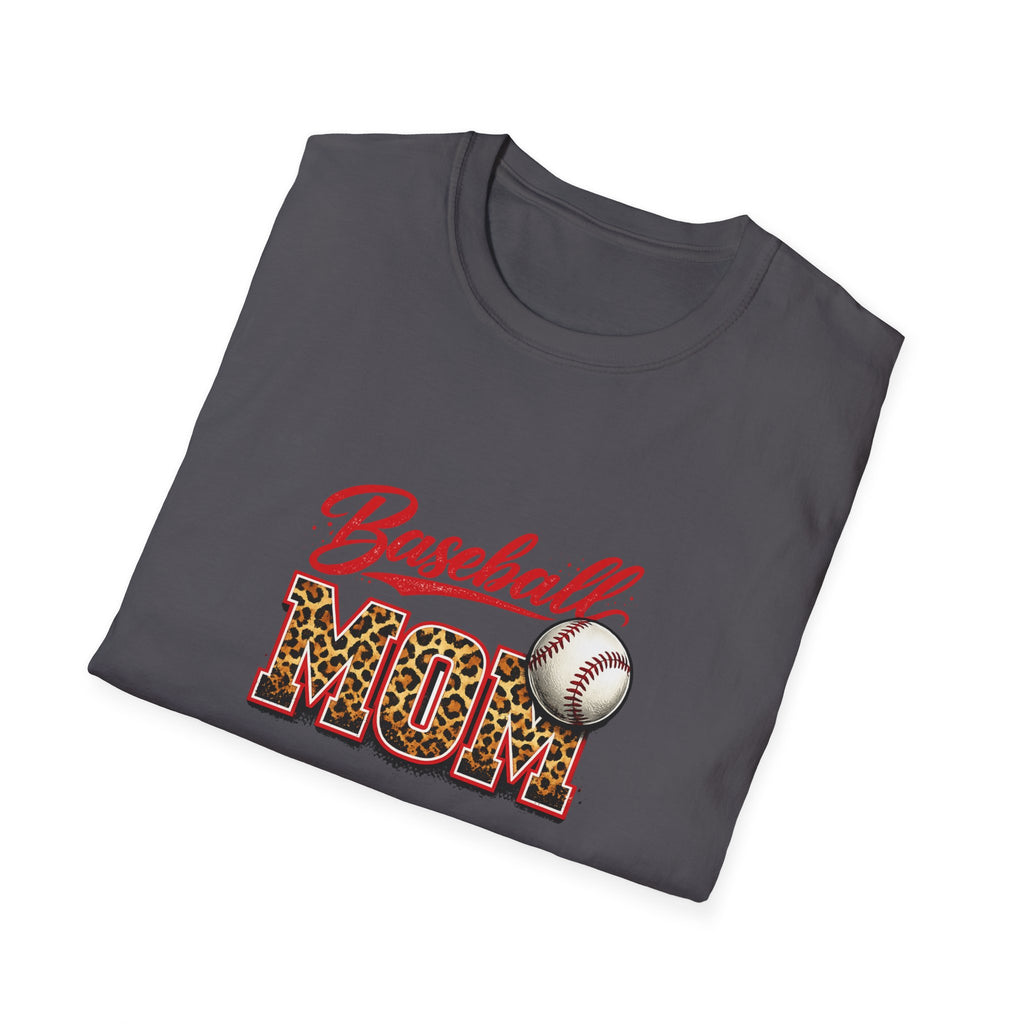 Baseball Mom T‑Shirt – Leopard Print “Baseball MOM” Graphic with Baseball Accent