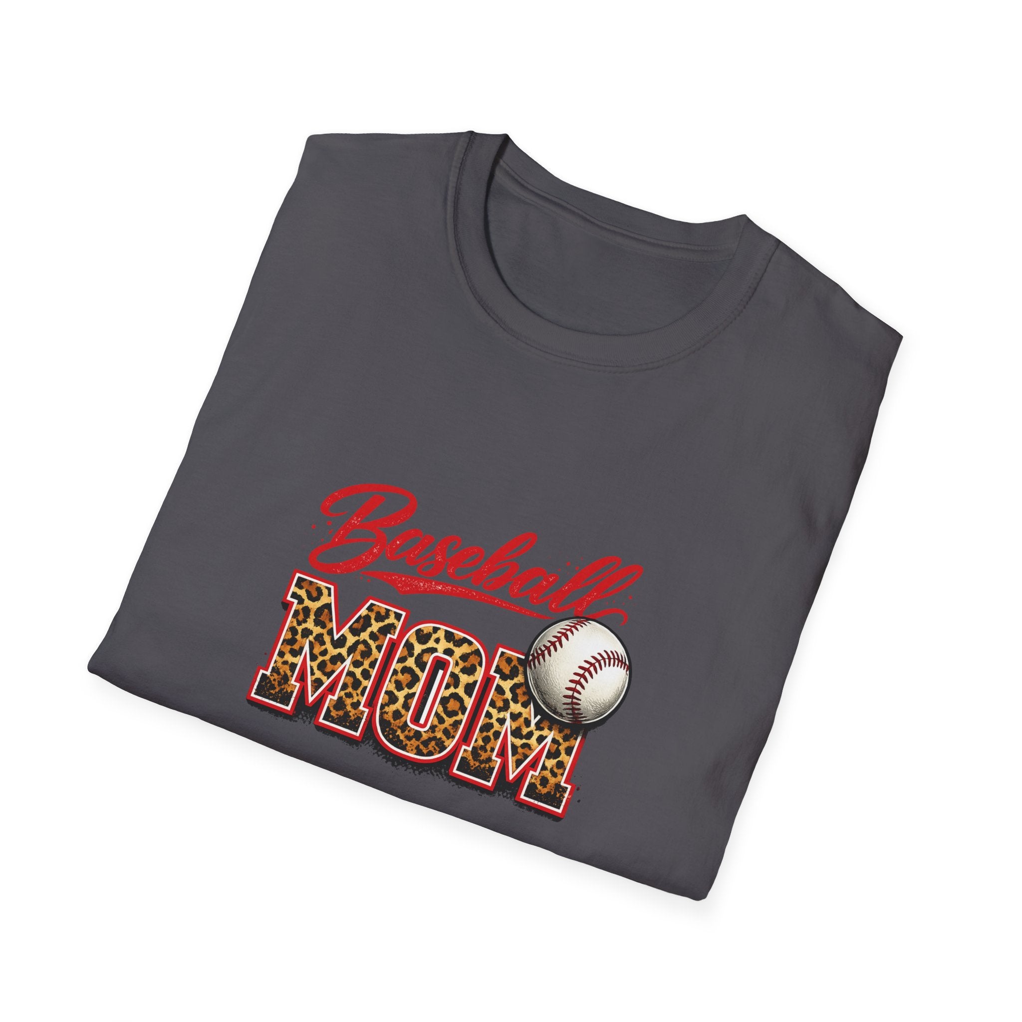 Baseball Mom T‑Shirt – Leopard Print “Baseball MOM” Graphic with Baseball Accent