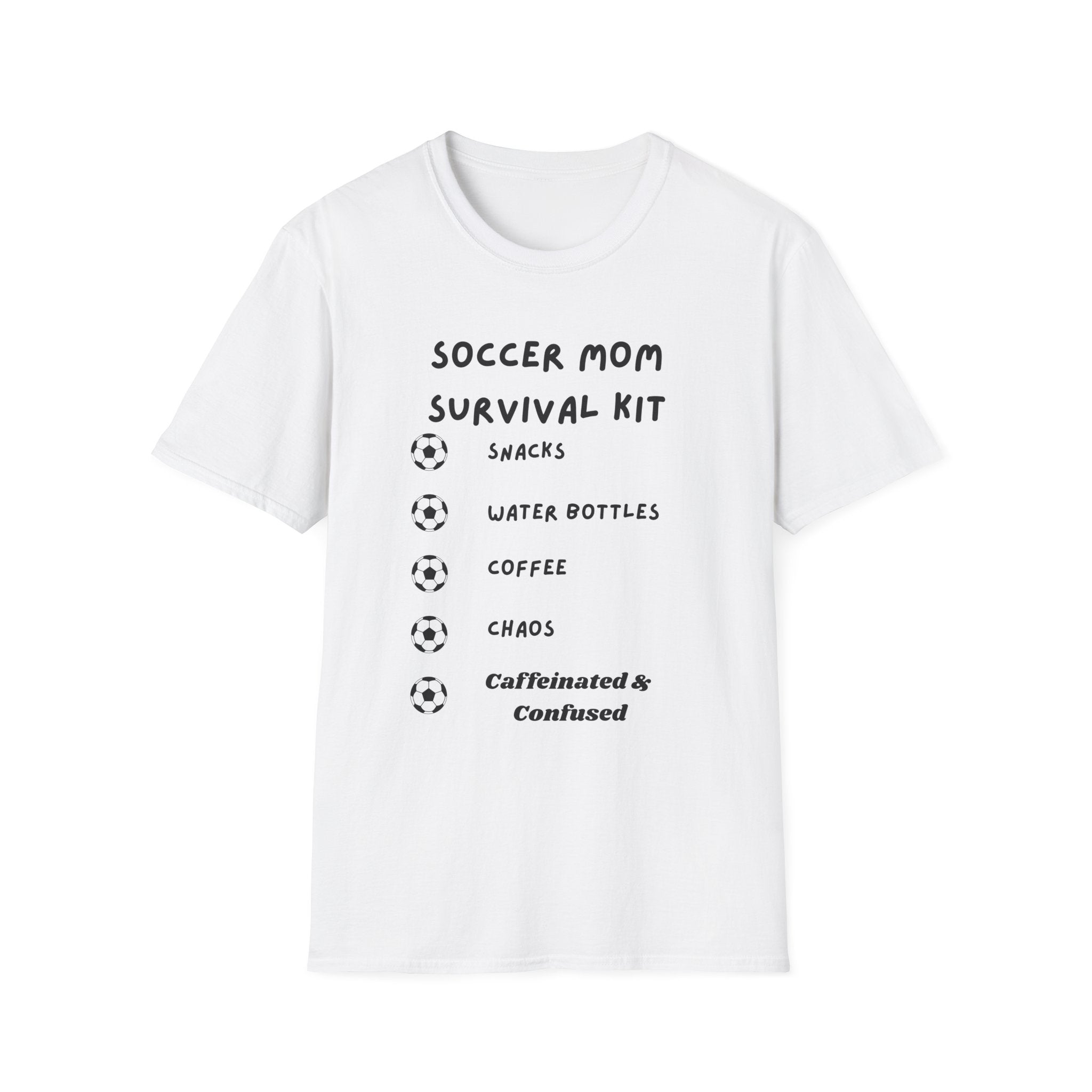 Soccer Mom Survival Kit T-Shirt – "Caffeinated & Confused" Soccer Mom Tee