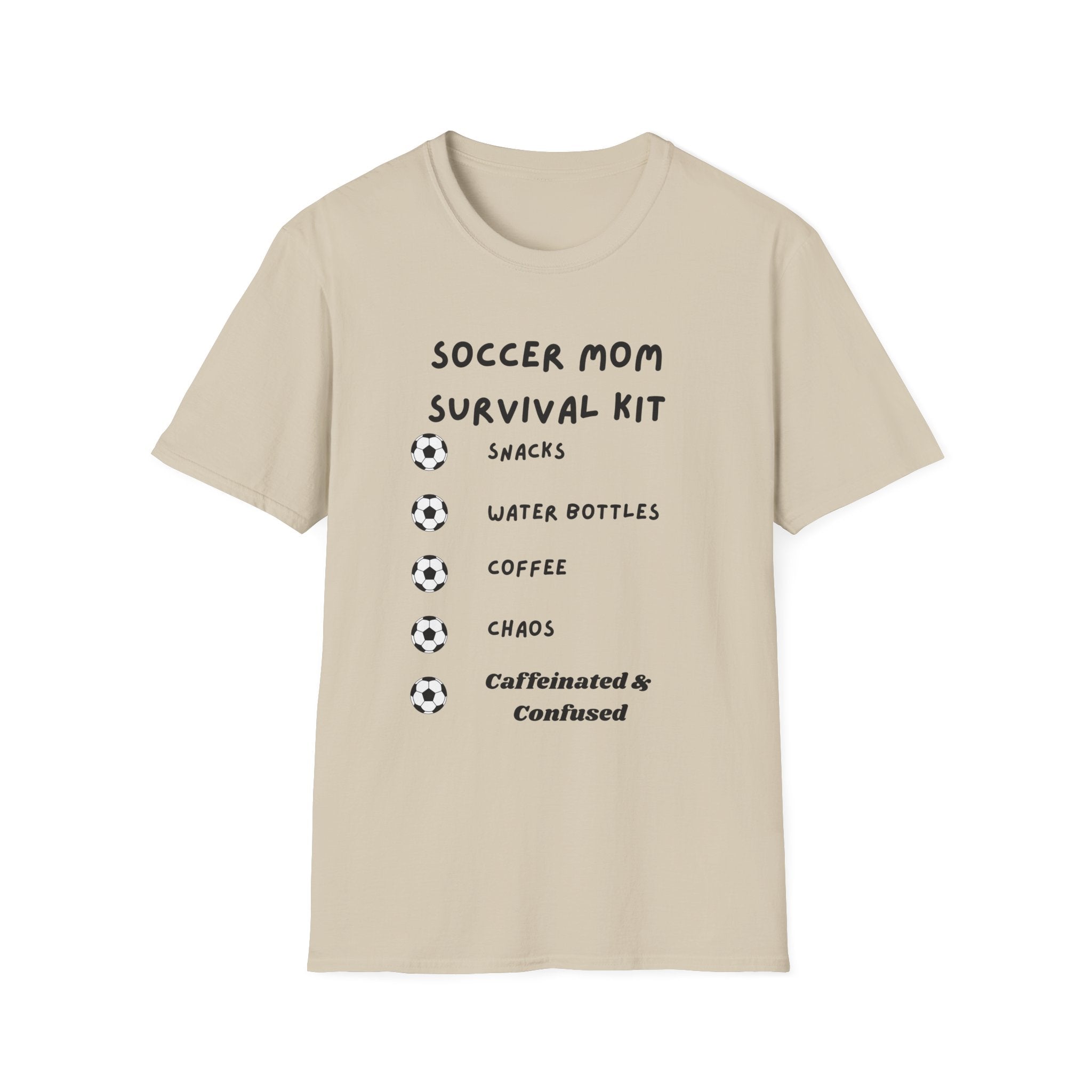 Soccer Mom Survival Kit T-Shirt – "Caffeinated & Confused" Soccer Mom Tee