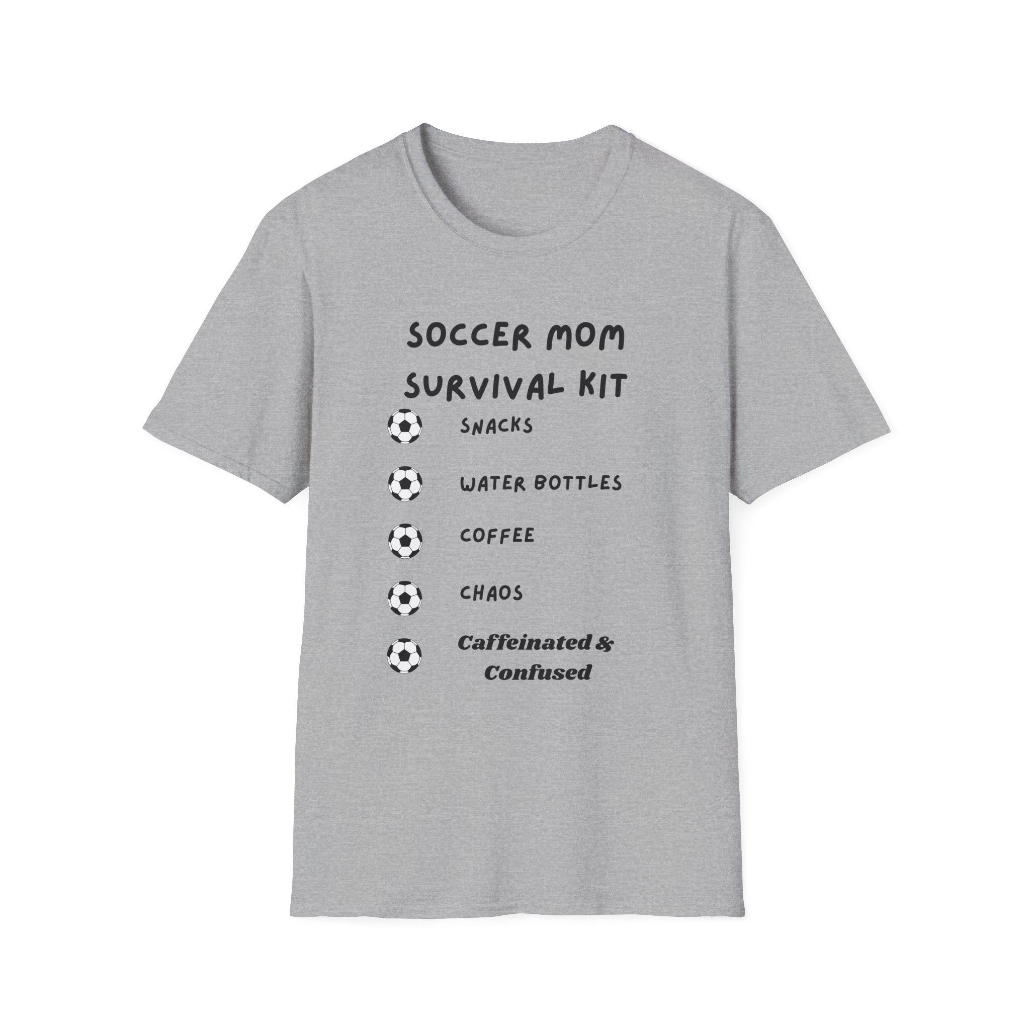 Soccer Mom Survival Kit T-Shirt – "Caffeinated & Confused" Soccer Mom Tee