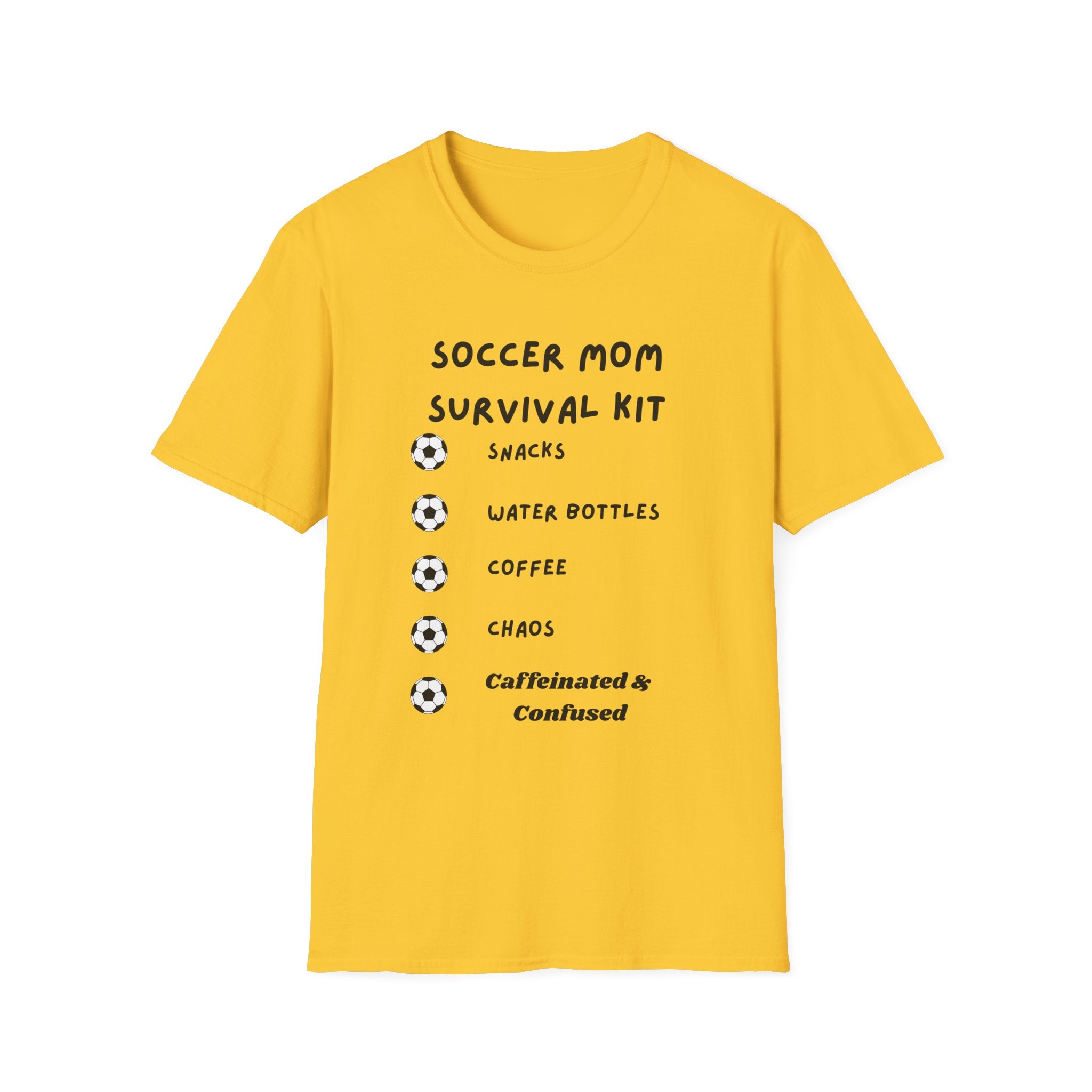 Soccer Mom Survival Kit T-Shirt – "Caffeinated & Confused" Soccer Mom Tee