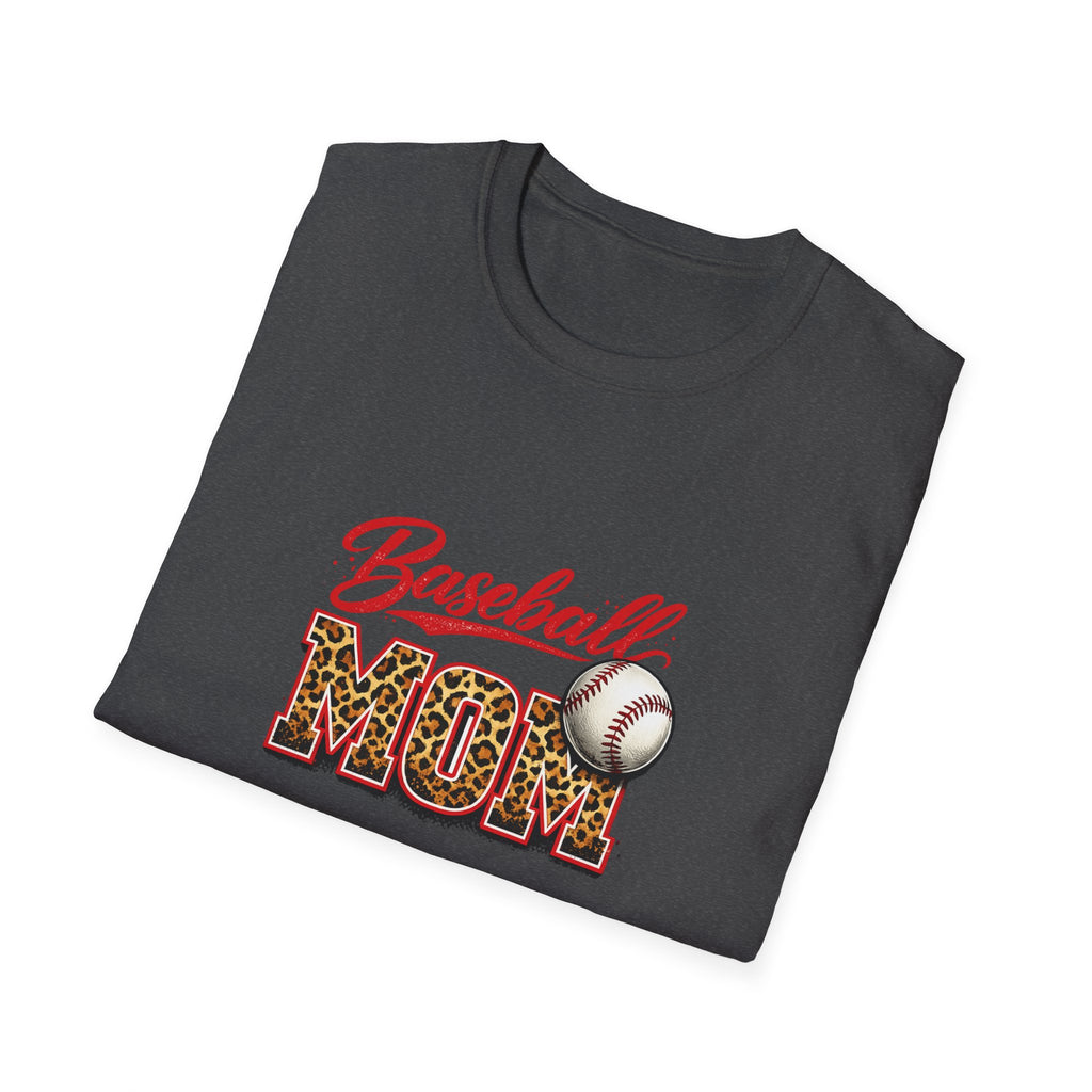 Baseball Mom T‑Shirt – Leopard Print “Baseball MOM” Graphic with Baseball Accent