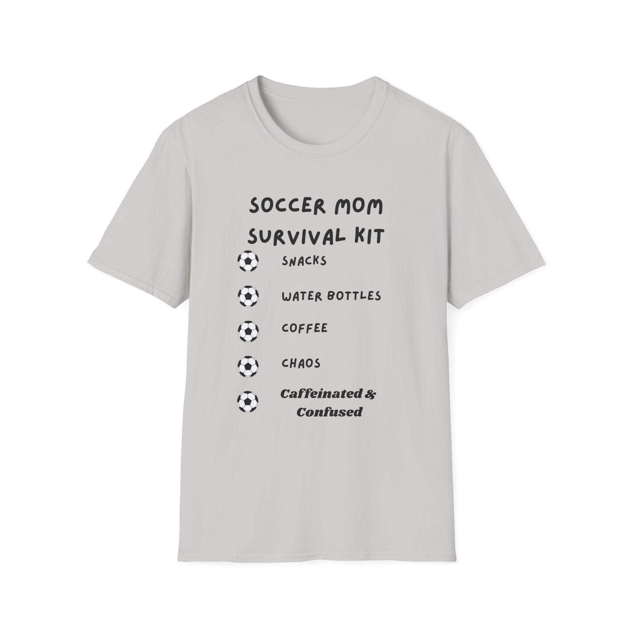 Soccer Mom Survival Kit T-Shirt – "Caffeinated & Confused" Soccer Mom Tee